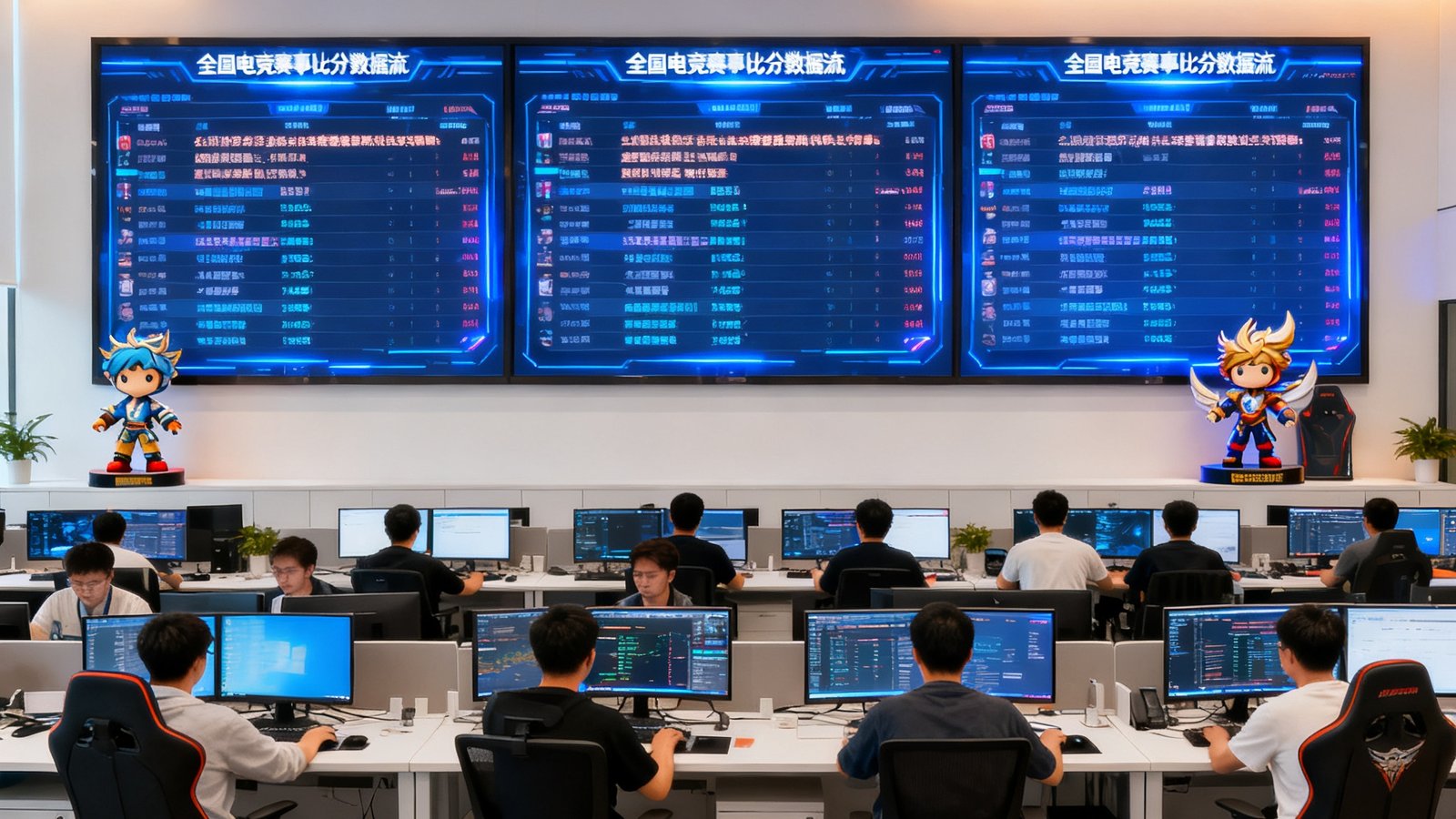蜂鸟电竞深圳南山研发中心办公场景，开放工位区约40名工程师正在多屏工作，正面墙上悬挂三块巨型数据监控屏幕实时滚动显示全国电竞赛事比分数据流，角落摆放着王者荣耀联名手办和电竞椅。