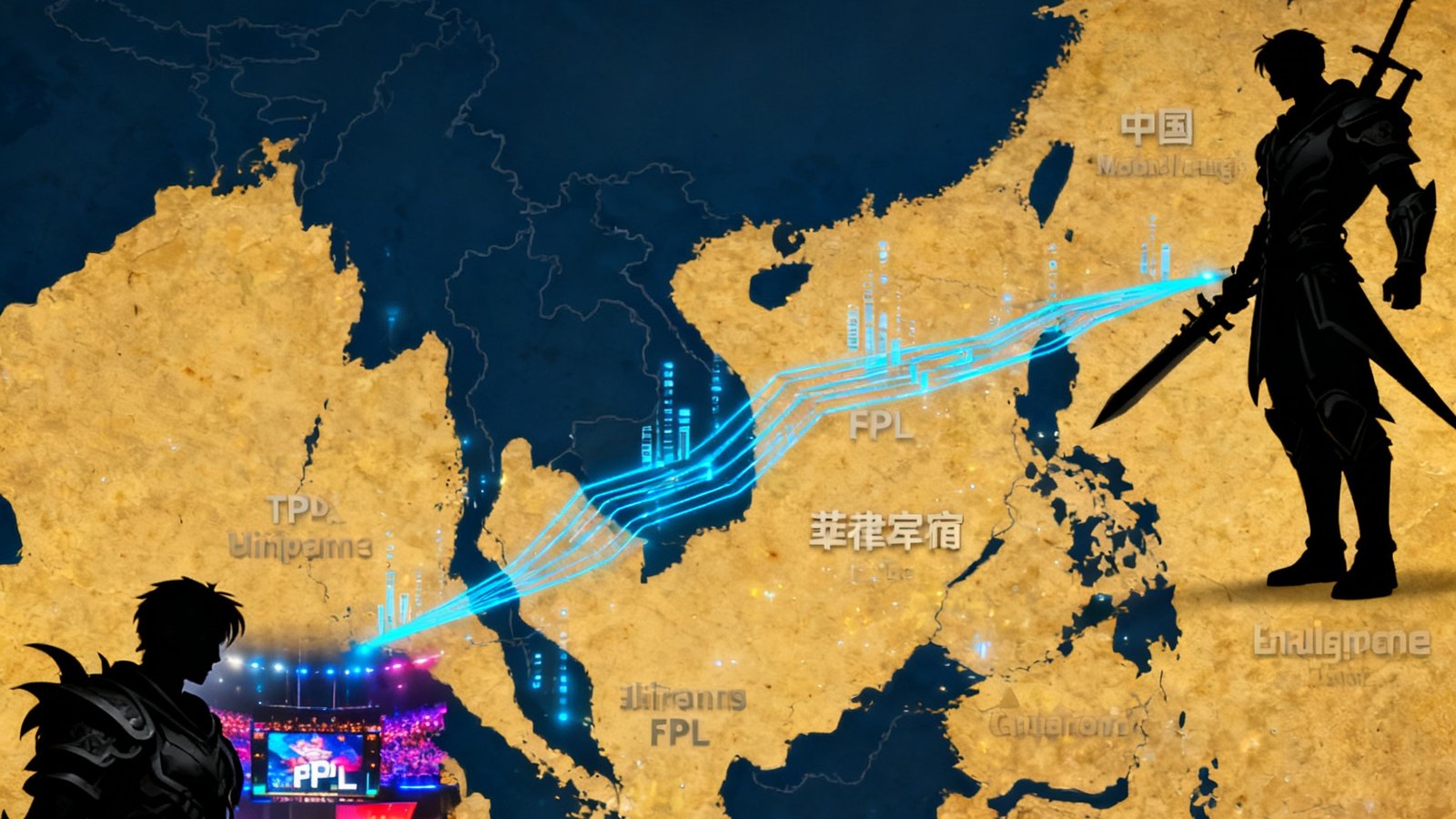 东南亚移动电竞市场分析文章封面，画面以东南亚地图轮廓为底，叠加MobileLegends游戏角色剪影和菲律宾MPL赛场照片，数据流线条从中国延伸至东南亚各国，体现蜂鸟电竞海外扩展战略。