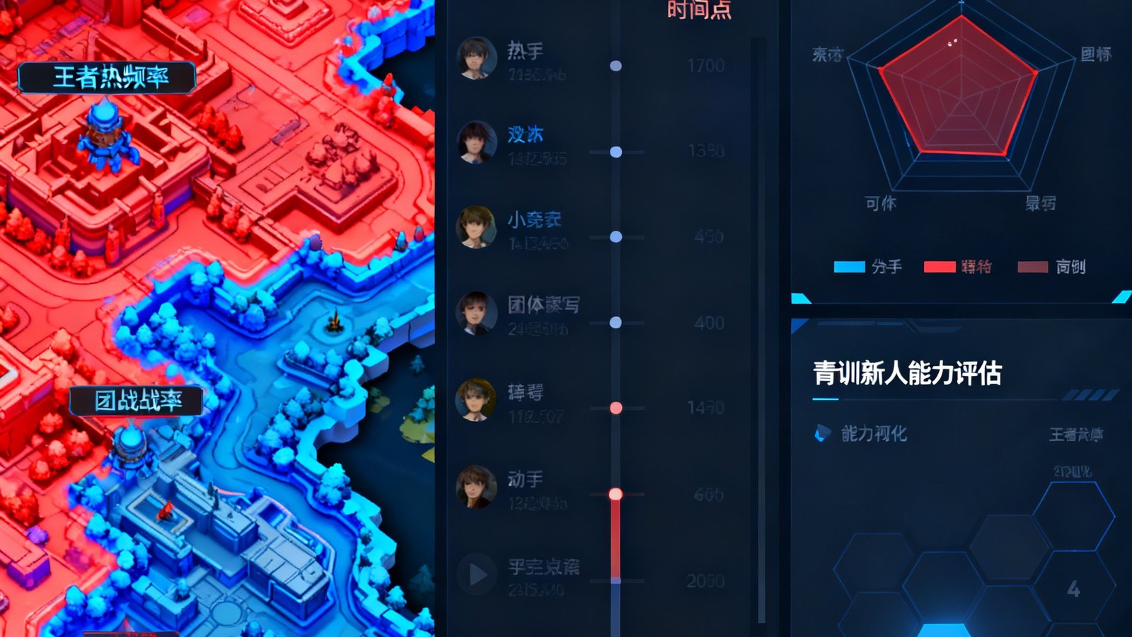 蜂鸟电竞战术分析系统界面截图，左侧为红蓝热力图覆盖王者峡谷地图展示团战频率，中间为帧级别操作回放标注选手技能释放时间点，右侧为青训新人六边形能力评估雷达图。