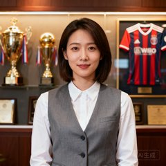 佛山DRG俱乐部运营经理陈雨菲的职业形象照，28岁女性，齐肩短发，身穿白色衬衫外搭灰色西装马甲，背景为俱乐部荣誉墙展示着奖杯和队服。
